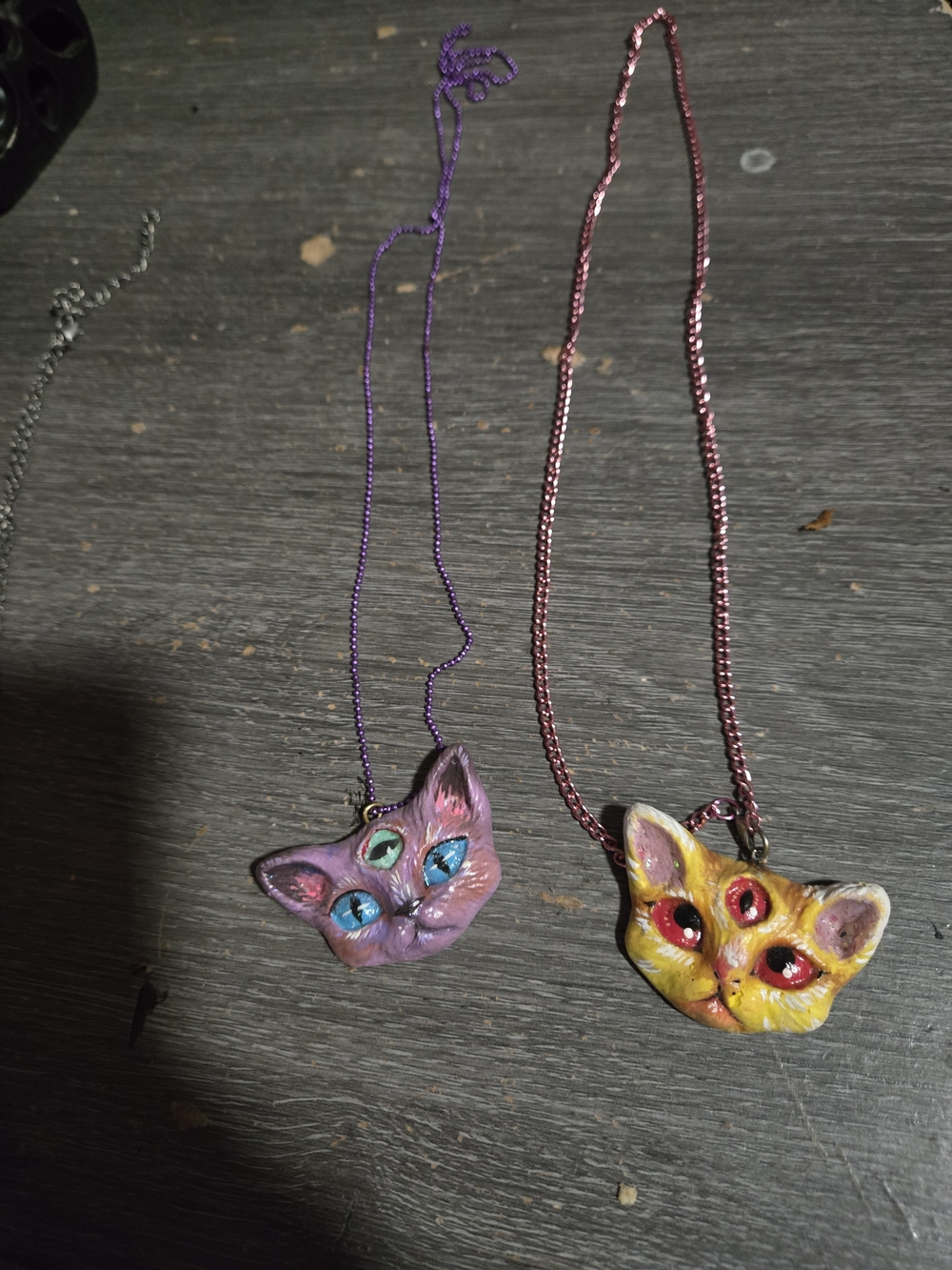 Whimsical Triple-Eyed Cat Pendant Necklace — Purple and Yellow Options